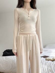 DAZY 2pcs/Set Women Solid Color Fitted Long Sleeve Top And Drawstring Waist Long Pants Lounge Sets For Women - Beige - View 3