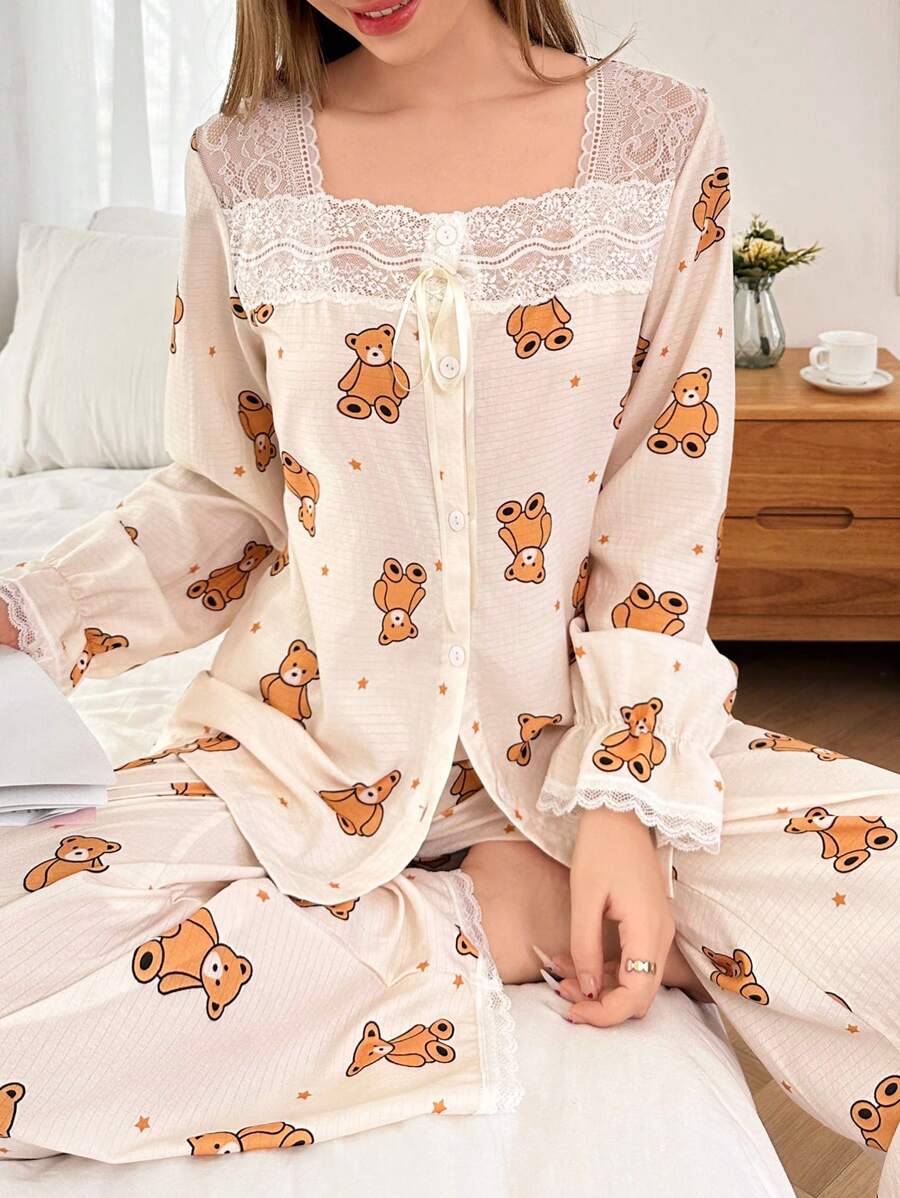 Dream Adore Cute Teddy Bear Print Contrast Lace Women Pajama Set