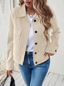 SHEIN LUNE Women's Autumn/Winter Faux Suede Slim Cargo Pockets Short Jacket - Apricot - View 1