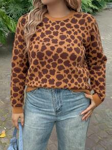 INAWLY Plus Size Leopard Pattern Round Neck Casual Long Sleeve Pullover Sweater Knit Pullover Fall Winter - Brown - View 5