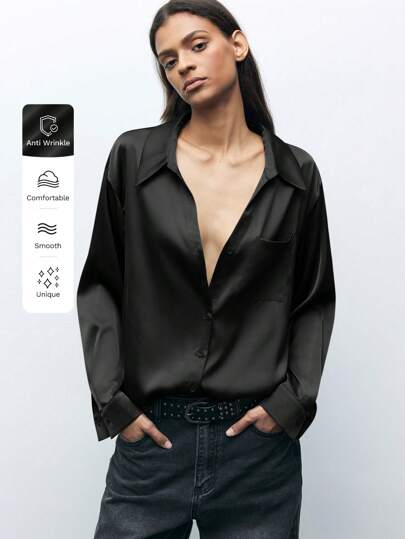 Maija Blusa casual de mujer de sarga de satén negro sólido de corte holgado, con hombros caídos, manga larga, un solo botonadura y bolsillo, adecuada para atuendos de otoño, ropa de mujer, blusa negra, ropa de mujer de otoño