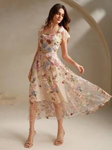 Anewsta 女士刺绣晚礼服，新款奢华高端小众优雅礼服 - 杏色 - 查看 6