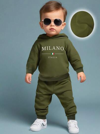 SHEIN 2Pcs/Set Baby Boy Casual Italian Flag & Letter Print Fleece Hoodie Sweatshirt & Pants Set, Autumn/Winter