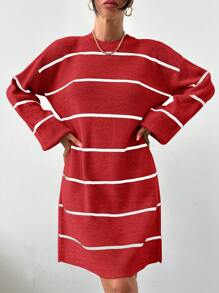 EURMUSE Damen gestreiftes Rundhals Pullover-Kleid mit Langarm, gestrickt - Verschiedenfarbig - Übersicht 4