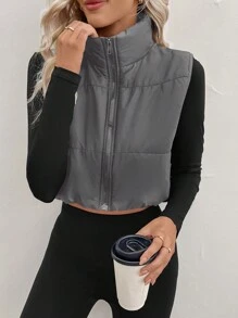 SHEIN LUNE 纯色拉链无袖加垫背心，休闲秋冬装 - 灰色 - 查看 1