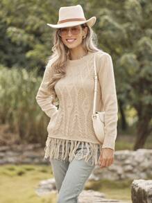 LanaWest Dam Casual Retro Kabelstickad Pullover Tröja Stickad Pullover Höst Vinter - Kaki - Visa 5