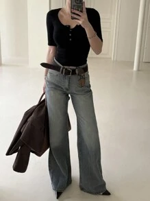 DAZY 女士纯色修身短袖短款 T 恤，黑色，春夏