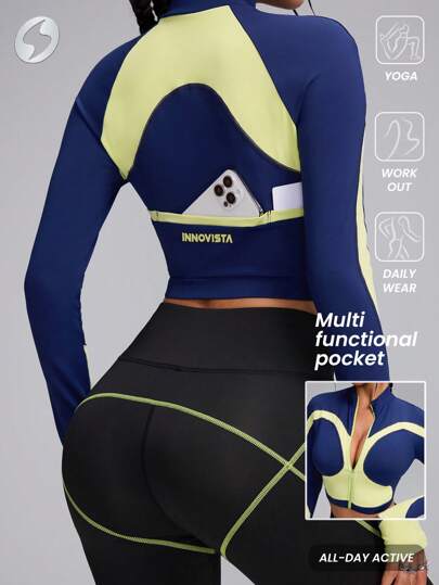 Innovista Chaqueta deportiva de mujer con cierre de cremallera ajustada y bloques de color, con bolsillos multifuncionales, con agujeros para los pulgares, para yoga de bajo impacto diario, sudaderas de otoño, chándal, tops para mujer, atuendos de otoño para mujer, yoga, al aire libre, atuendos de otoño e invierno para mujer, chaquetas de invierno para mujer, ropa de invierno para mujer, camisetas térmicas