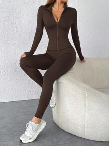 SHEIN PETITE 黑色两件套运动服拉链夹克和紧身裤 - 咖啡棕 - 查看 1