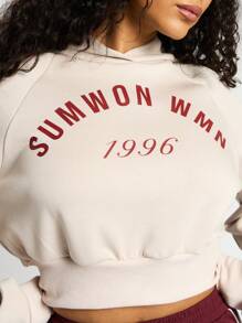 SUMWON WOMEN Premium Cropped 1996 Varsity Hoodie Retro Athleisure Sweatshirt Winter Workout Activewear Casual Athletic Fall Spring