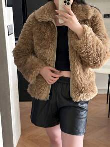 EMERY ROSE Casual Solid Color Turn-Down Collar Short Fluffy Coat, Autumn/Winter Fall Cloth For Women - Yellow - View 1