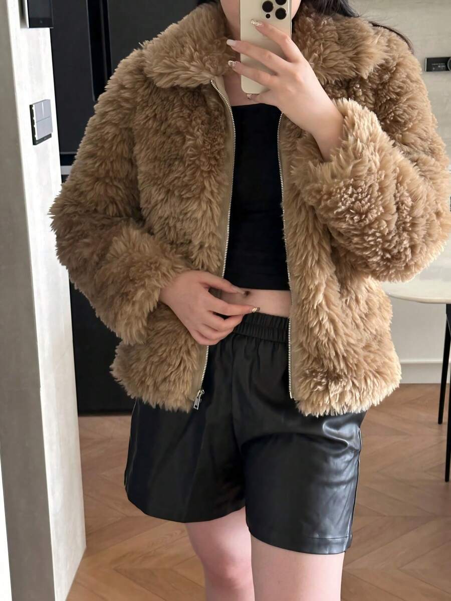 EMERY ROSE Casual Solid Color Turn-Down Collar Short Fluffy Coat, Autumn/Winter Fall Cloth For Women - Yellow - View 1