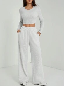 SHEIN PETITE Women's Solid Color Crew Neck Long Sleeve Bodycon T-Shirt And Sweatpants Set - Grey - View 8