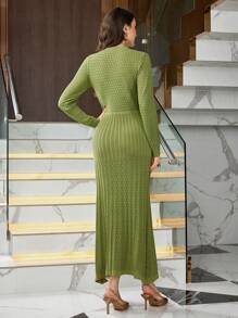 Modelyn Women's Elegant Round Neck Long Sweater Dress - Mint Green - View 2