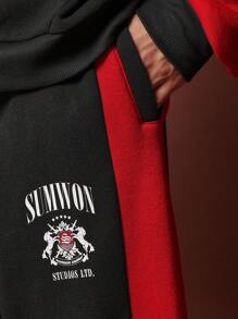 SUMWON Conjunto de 2 piezas con sudadera con capucha de ajuste regular con bloques de color y estampado gráfico y pantalón de chándal de ajuste recto con panel en la rodilla