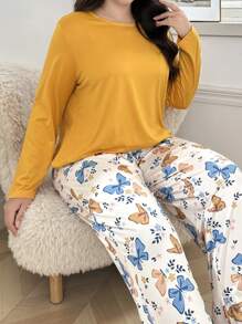 Solid Color Long Sleeve Shirt And Butterfly Print Long Pants Pajama Set
