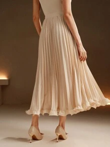 Anewsta Elegant Commuting Apricot Color Pleated Woven Ruffle Hem Skirt For Women Maxi - Apricot - View 2