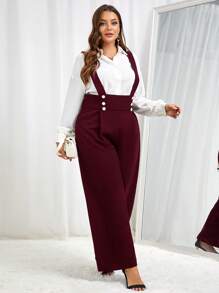 SHEIN Frenchy 大码女式秋季纯黑色休闲连身裤优雅双排扣连体裤，办公室服装 - 酒紅色 - 查看 4
