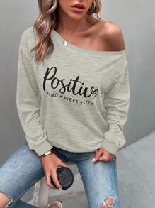 SHEIN LUNE Asymmetrical Neckline Letter Print Casual Long Sleeve Long Hoodie Sweatshirt