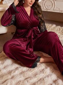 Plus Size Velvet And Lace Wrap-Around Long Sleeve Pajama Set - Burgundy - View 5