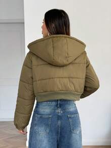 SHEIN 少女纯色短款连帽绗缝休闲街头风保暖加厚外套/棉服 - 軍綠色 - 查看 2