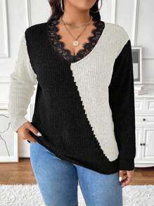 SHEIN Unity Plus Size Women Fashion Elegant Black & Grey V-Neck Ruffle Design Pullover Sweater Knit Pullover Fall Winter Sweater - Multicolor - View 1