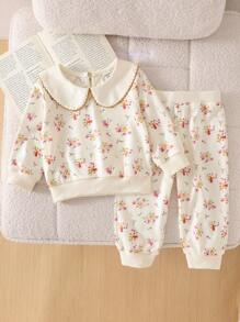 SHEIN Vintaside Kids 女宝宝韩版休闲长袖翻领花卉印花针织运动衫和花卉印花运动裤套装 - 彩色 - 查看 7