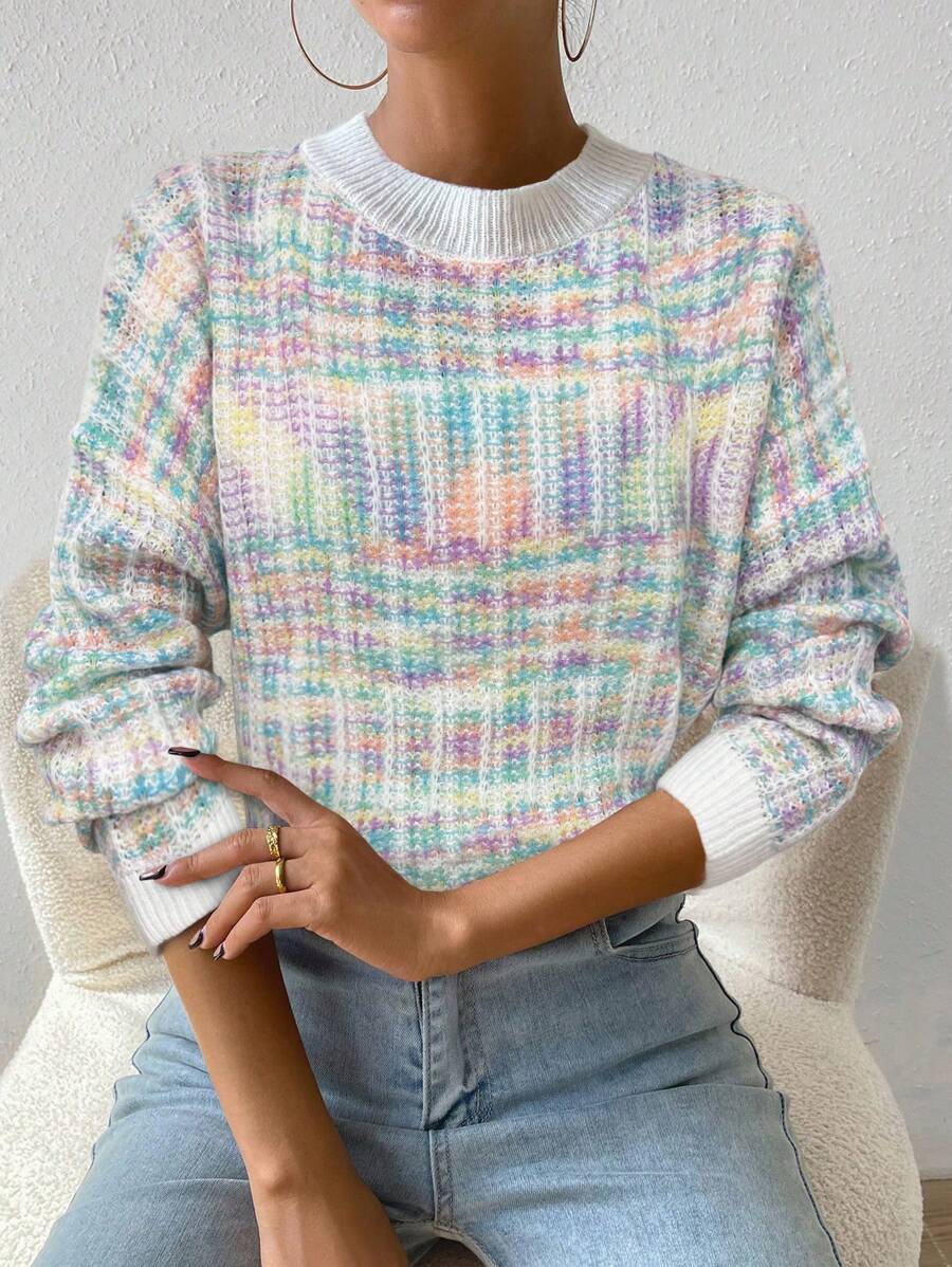 Chiquease 女士纯色拼接圆领长袖休闲套头毛衣针织衫秋冬款