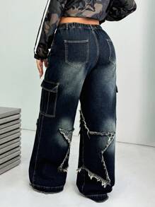 SHEIN EZwear Plus Size Star Printed Relaxed Fit Straight Leg Jeans - Blue - View 2