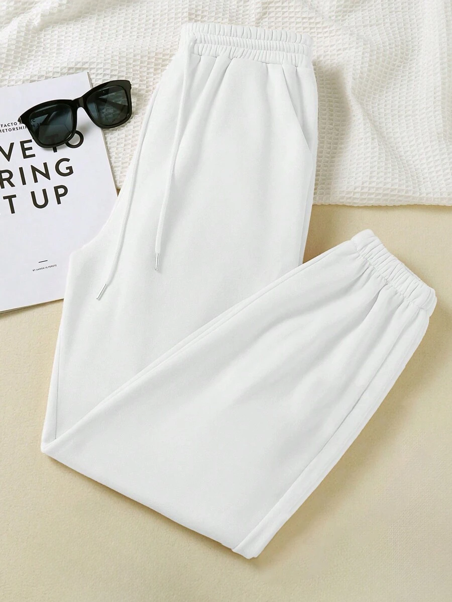 INAWLY 女士纯色前系带口袋休闲抽绳运动裤 - 白色 - 查看 1