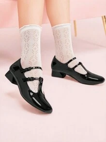 CUCCOO DOLLMOD 女士时尚黑色漆皮玛丽珍低跟方头休闲平底鞋，适合通勤、上学、甜美、可爱、购物、情人节假期 - 黑色 - 查看 5