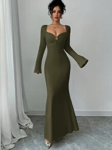 Firerie Robe casual ajustée à manches longues avec col en cœur de couleur unie pour femmes - Militaire verte - Voir 4
