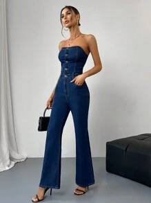 Tuta di jeans senza spalline sensuale e scollata, con gambe a zampa d'elefante, dettagli con bottoni, silhouette aderente, perfetta per feste, uscite serali o ogni volta che vuoi essere mozzafiato!