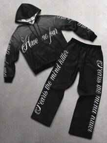 Manfinity EMRG Men's Letter Print Hoodie And Sweatpants Set - Black - View 1