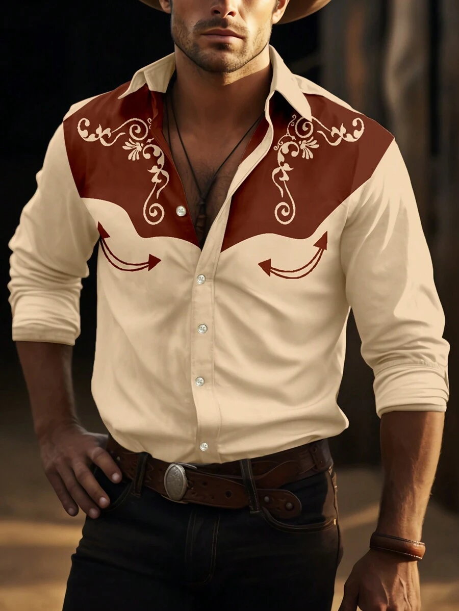 Manfinity Homme Plus Size Western Brown Front Button Graphic Print Long Sleeve Shirt - Brown - View 1