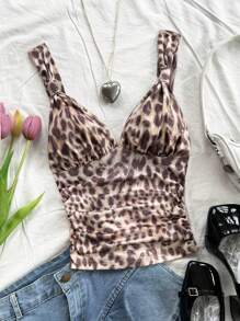 Soleia Vrouwen Plus Size Vintage Leopard Print Camisole Tank Top Met Gerimpelde Taille, Geschikt Voor Herfst/Wintervakantie