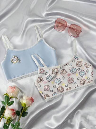 Tween Girls Sweet & Cute Casual Comfortable Bra/Camisole Top - Donut Design ,2 Pcs