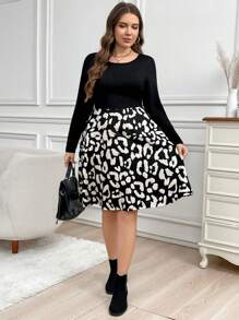 SHEIN LUNE 大码豹纹拼色拼接舒适休闲中长连衣裙长袖长袖连衣裙 - 彩色 - 查看 6