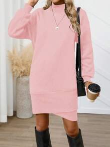 SHEIN LUNE Vestido de sudadera de cuello alto de unicolor, atuendo casual y elegante de uso diario, sudadera con cuello alto para otoño