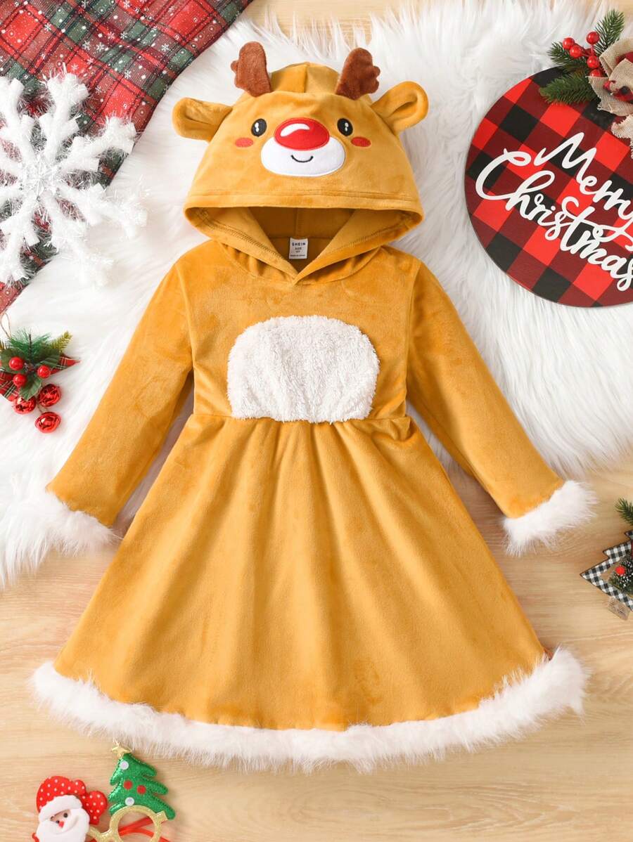 SHEIN 女童长袖银狐绒刺绣可爱驯鹿连帽拼色拼布连衣裙，秋冬新品 - 芥末黃 - 查看 1