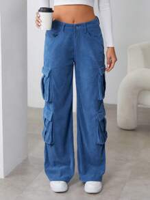 Women's Solid Color Corduroy Casual Loose Fit Long Pants With Pockets Fall Cloth For Women - Blue - View 4