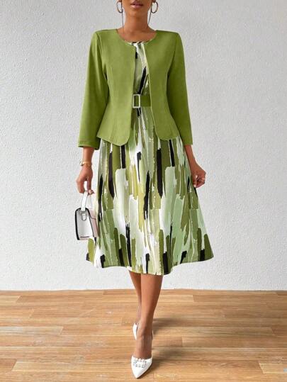 Lyxana Solid Color Long Sleeve Coat & Random Printed Sleeveless Dress Two Pieces Set