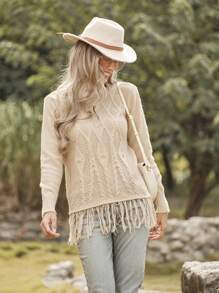 LanaWest Dam Casual Retro Kabelstickad Pullover Tröja Stickad Pullover Höst Vinter - Kaki - Visa 3