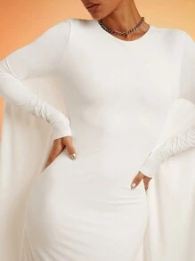 SHEIN X Scheana Hauture Abito elegante da donna a tinta unita con collo tondo, maniche a pipistrello, fit slim, lunghezza extra - Bianco - Visualizzare 2