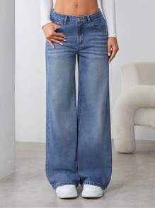 SHEIN Essnce Jeans de mujer de moda casual de cintura alta, pierna ancha y efecto desgastado con nudo - Azul lavado oscuro - Ver 2