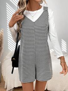 SHEIN LUNE Women's Houndstooth Print Jumpsuit Shorts, Autumn/Winter - Black and White - View 3