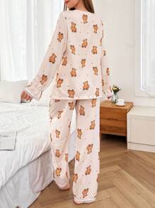 Dream Adore Cute Teddy Bear Print Contrast Lace Women Pajama Set