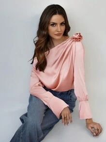 Firerie Women's Irregularity Collar Solid Color Pleated 3D Flower Long Sleeve Elegant Blouse - Dusty Pink - View 2
