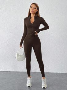 SHEIN PETITE 黑色两件套运动服拉链夹克和紧身裤 - 咖啡棕 - 查看 6