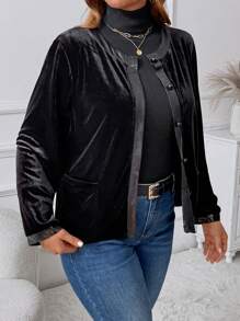 Plus Size Korean Plush & PU Leather Collar Splice Mushroom Button Decor Round Neck Long Sleeve Short Jacket - Black - View 3